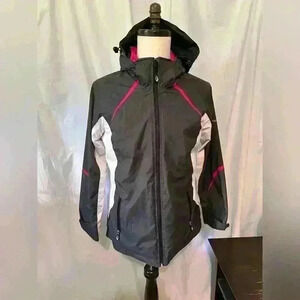 Hawke Co Full Zip Removable Hood Women’s Jacket Sz M Pockets. Rain Coat. Grey.